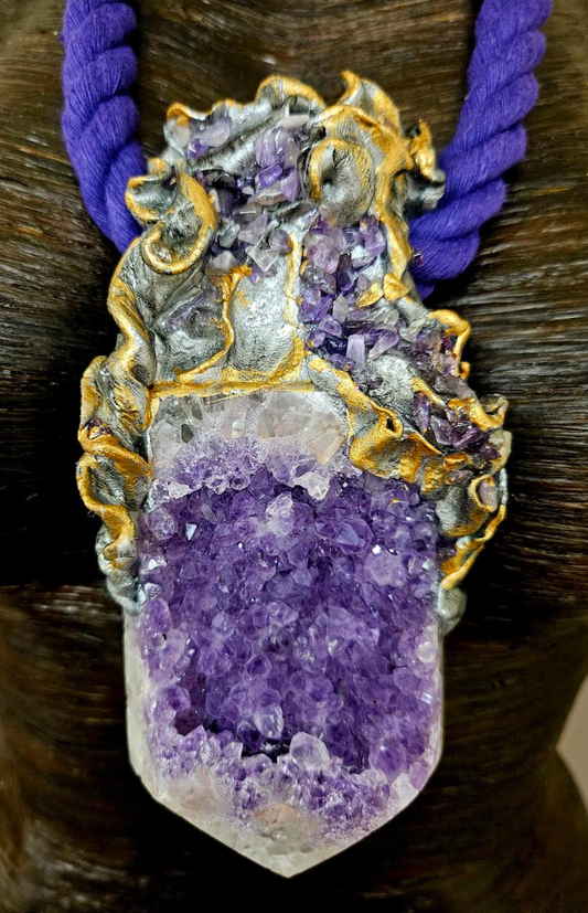 Rough Amethyst Luxury Baroque Sculpted Rope Gemstone Pendant, Purple C