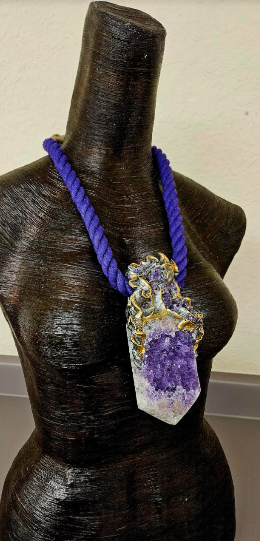 Rough Amethyst Luxury Baroque Sculpted Rope Gemstone Pendant, Purple C