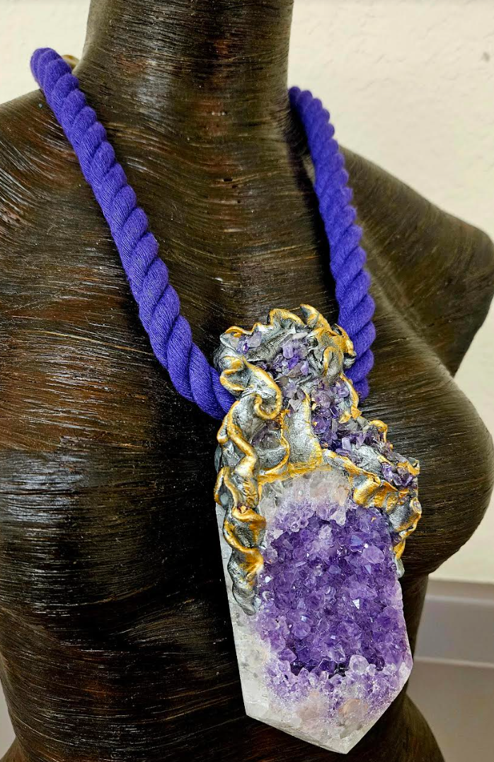 Rough Amethyst Luxury Baroque Sculpted Rope Gemstone Pendant, Purple C
