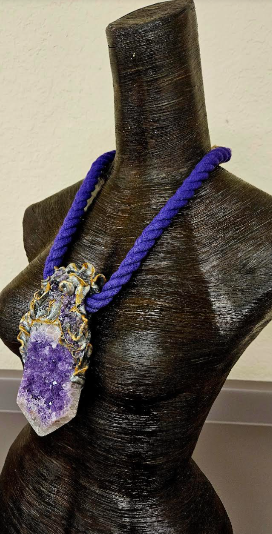 Rough Amethyst Luxury Baroque Sculpted Rope Gemstone Pendant, Purple C