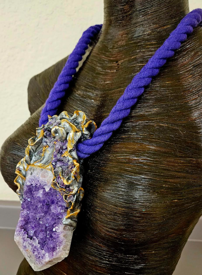 Rough Amethyst Luxury Baroque Sculpted Rope Gemstone Pendant, Purple C