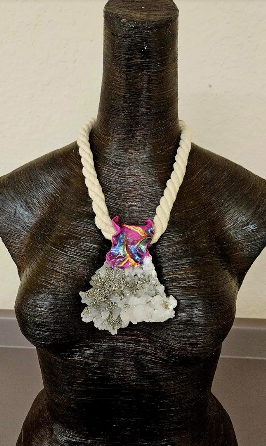 Rough Pyrite & Quartz Crystal Sculpted Gemstone Pendant With Rope, Sho