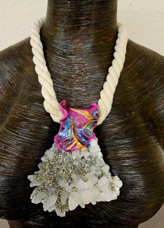 Rough Pyrite & Quartz Crystal Sculpted Gemstone Pendant With Rope