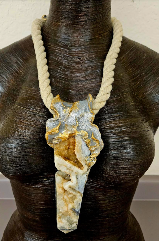 Earthy Druzy Agate Sculpted Tower Gemstone Pendant With Jute Rope