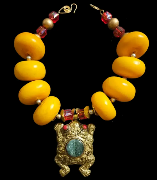 Huge Moroccan Resin Beaded Tribal Statement Necklace with Tibetan Frog