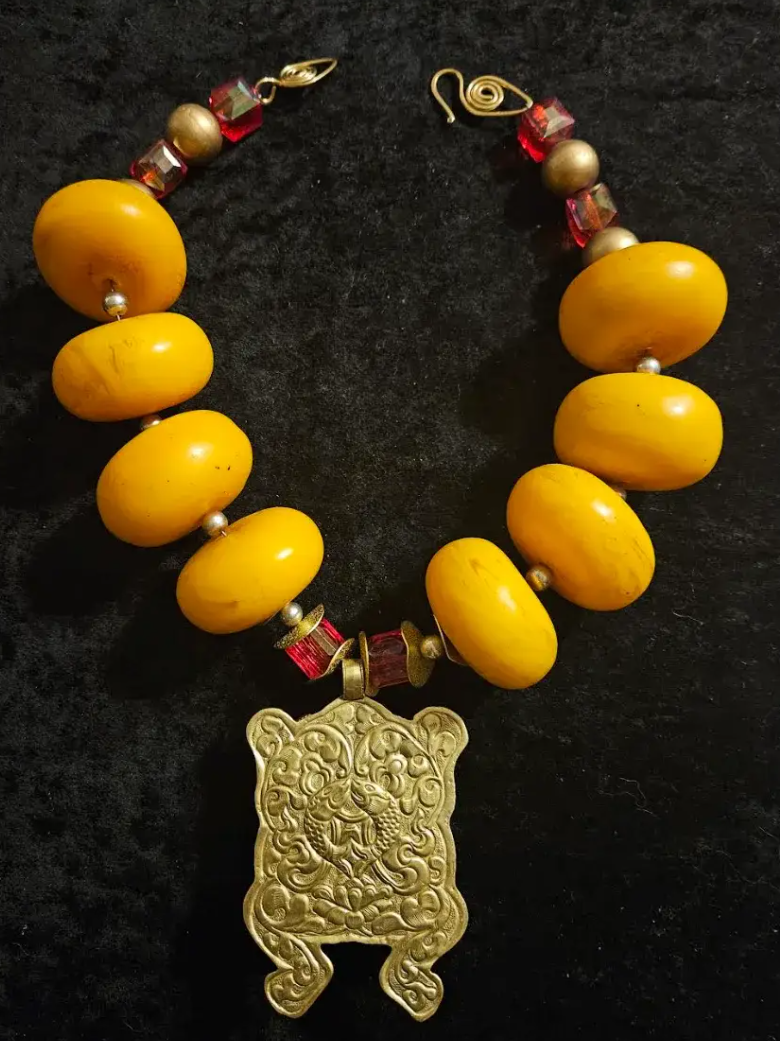 Huge Moroccan Resin Beaded Tribal Statement Necklace with Tibetan Frog