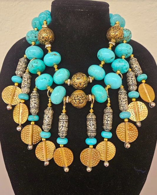 Blue Gold & Silver Beaded Waterfall Chest Piece - Sovereign Collectors