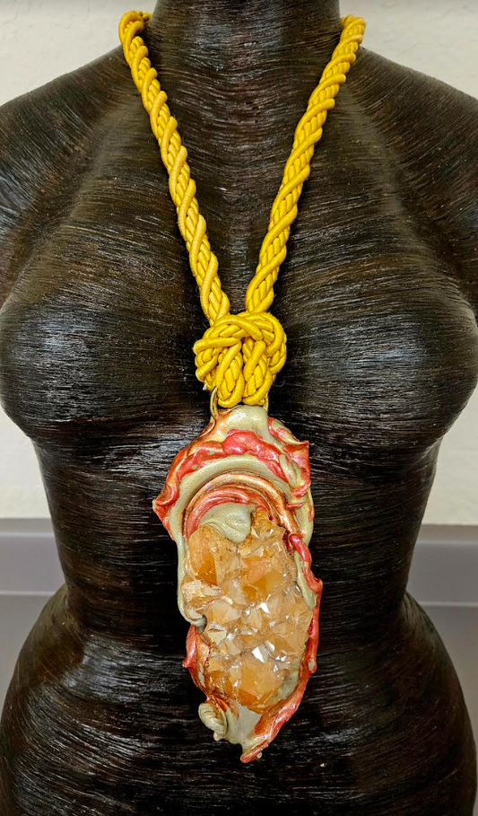 Orange Aura Rough Quartz Sculpted Talisman With Yellow Silk Rope