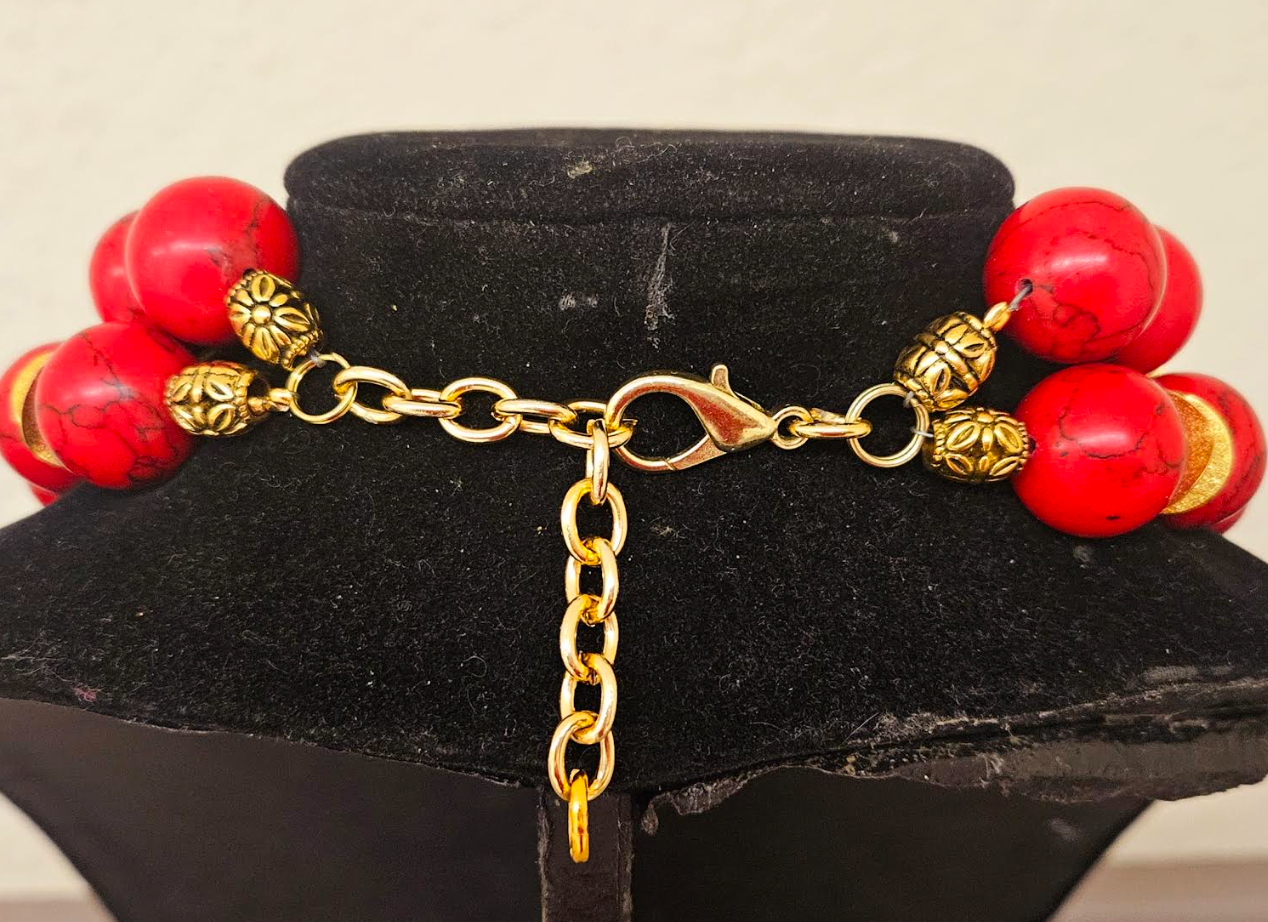 Red Magnesite & Vintage Brass Beaded Waterfall Chest Piece - Exotic
