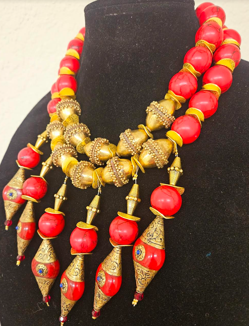 Red Magnesite & Vintage Brass Beaded Waterfall Chest Piece - Exotic