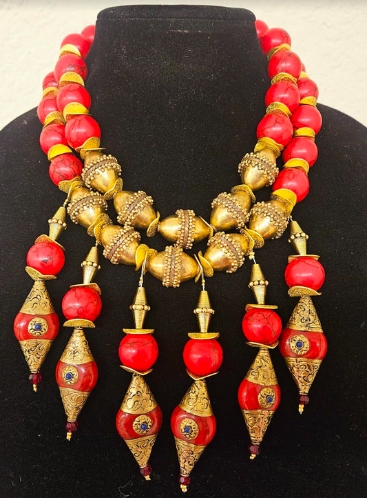 Red Magnesite & Vintage Brass Beaded Waterfall Chest Piece - Exotic