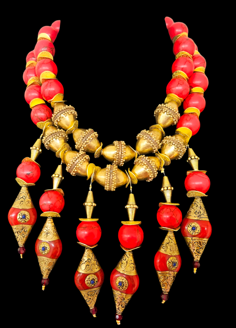 Red Magnesite & Vintage Brass Beaded Waterfall Chest Piece - Exotic