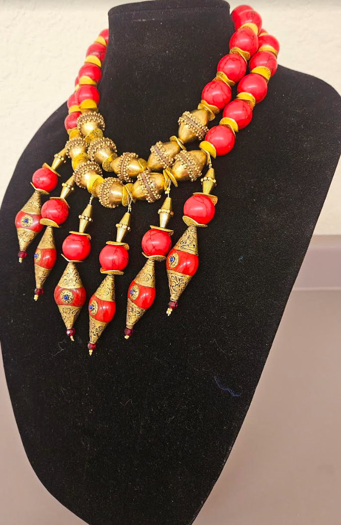 Red Magnesite & Vintage Brass Beaded Waterfall Chest Piece - Exotic