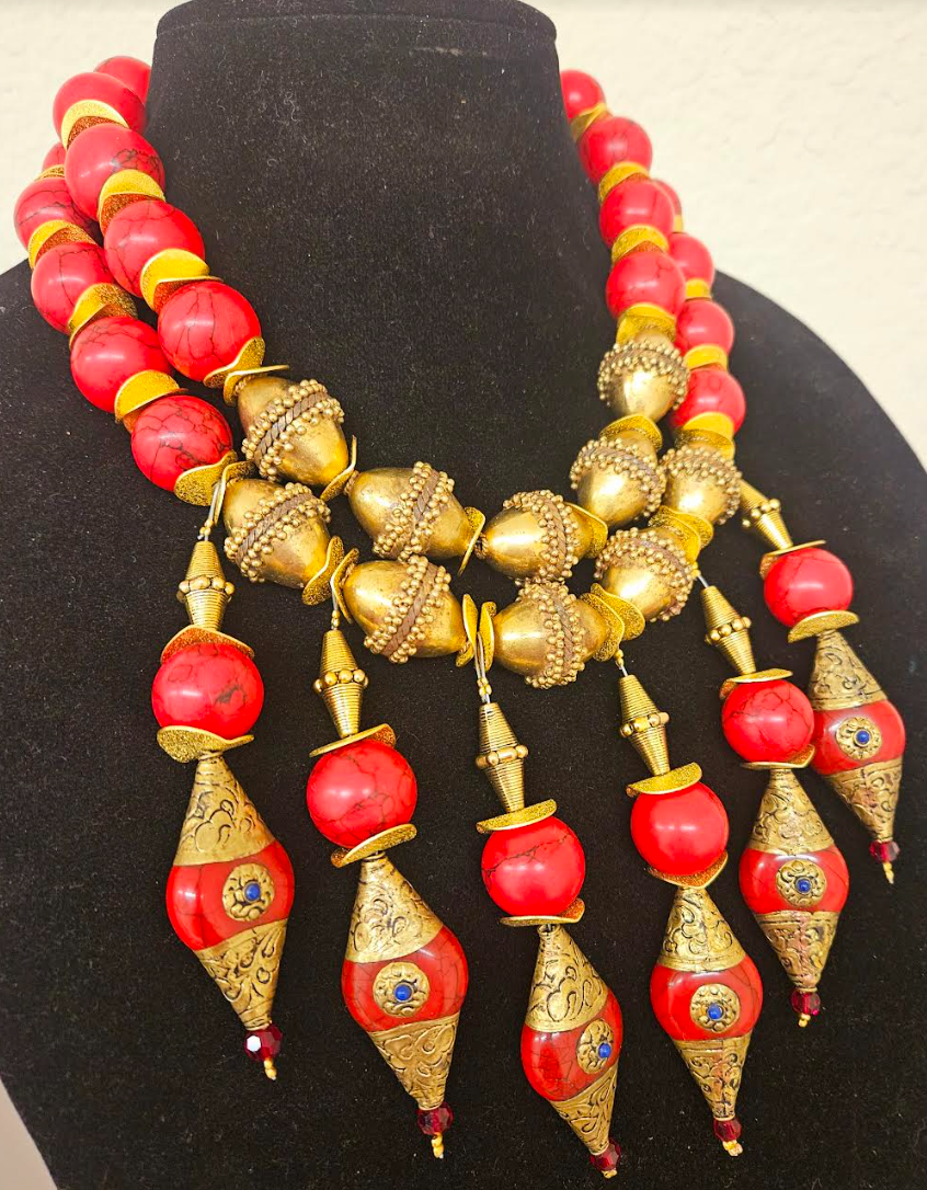 Red Magnesite & Vintage Brass Beaded Waterfall Chest Piece - Exotic