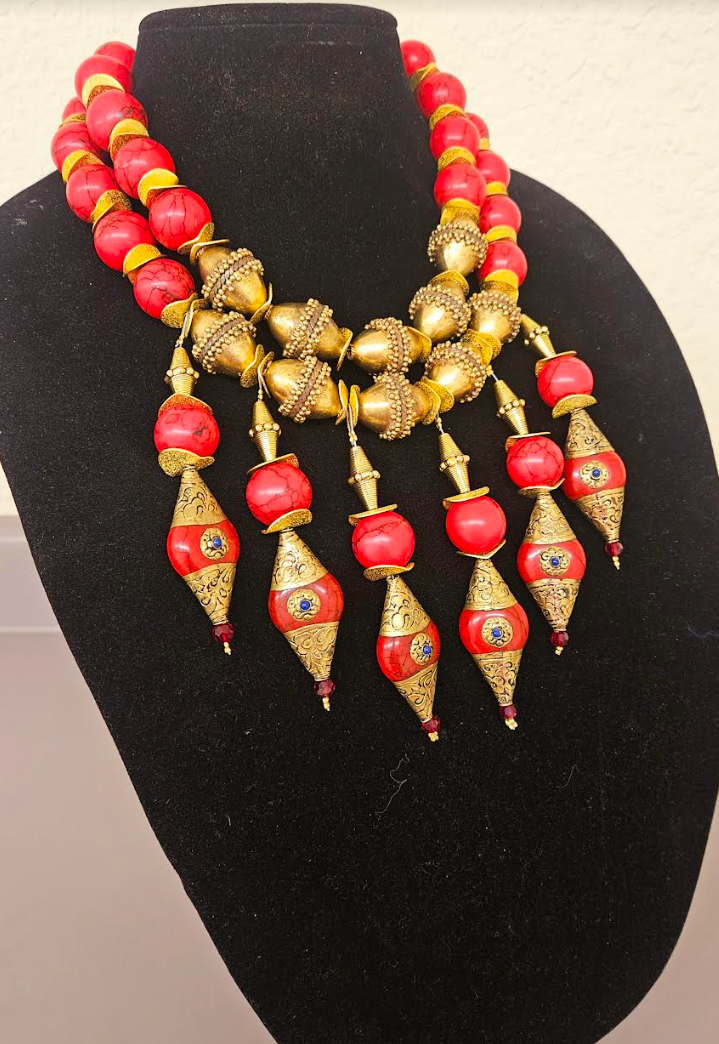 Red Magnesite & Vintage Brass Beaded Waterfall Chest Piece - Exotic