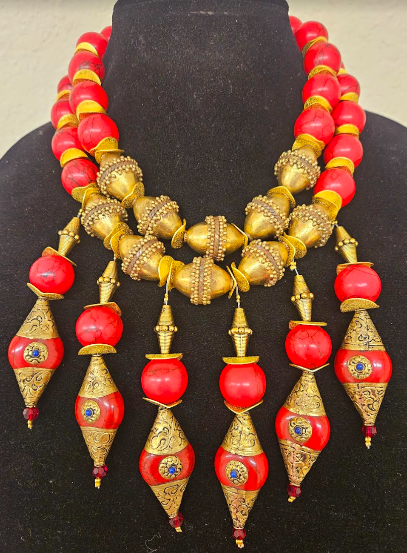 Red Magnesite & Vintage Brass Beaded Waterfall Chest Piece - Exotic