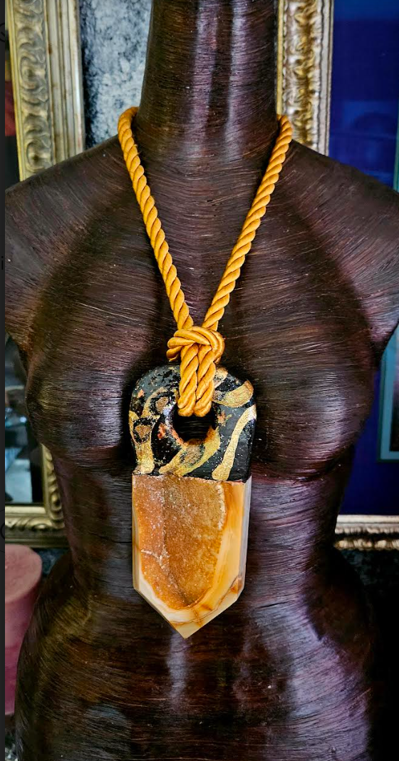Heavily Crystallized Caramel Druzy Tower Sculpted Gemstone Pendant On