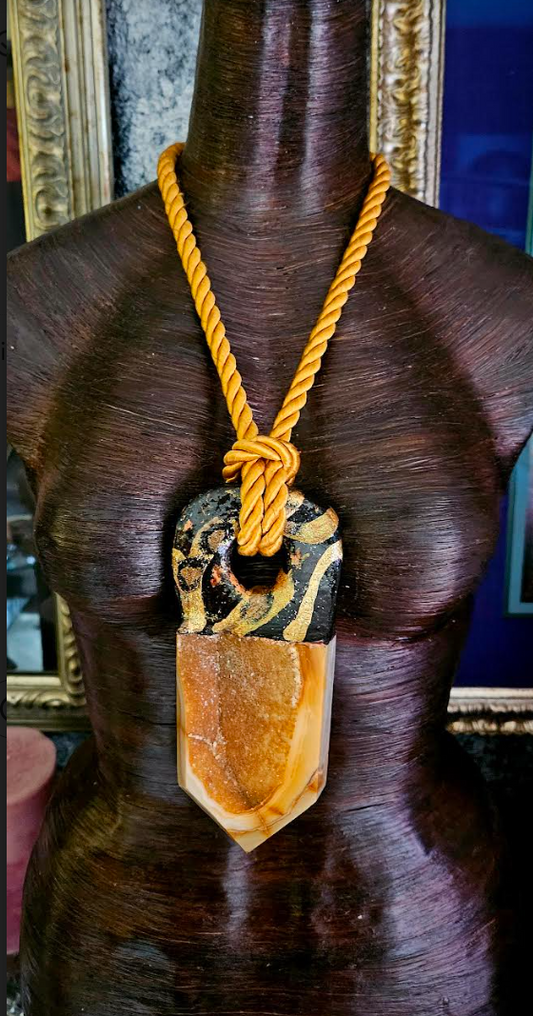 Crystallized Caramel Druzy Tower Sculpted Pendant With Satin Rope