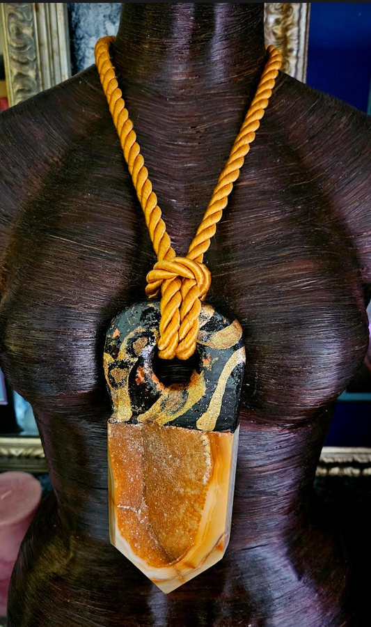 Heavily Crystallized Caramel Druzy Tower Sculpted Gemstone Pendant On