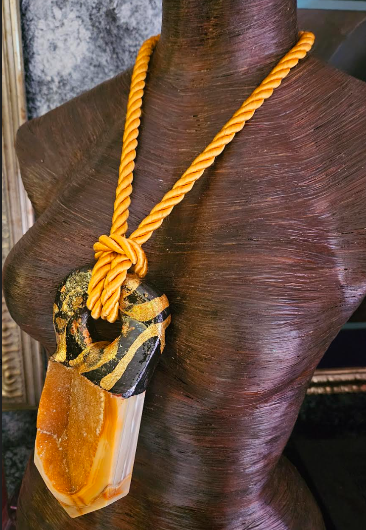 Crystallized Caramel Druzy Tower Sculpted Pendant With Satin Rope