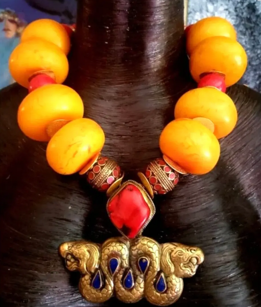 Massive Moroccan Resin Beaded Ethnic Luxury Necklace - Tibetan Dragon