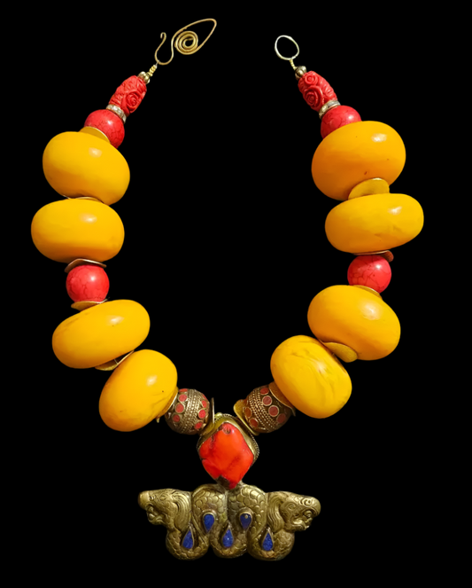 Massive Moroccan Resin Beaded Ethnic Luxury Necklace - Tibetan Dragon