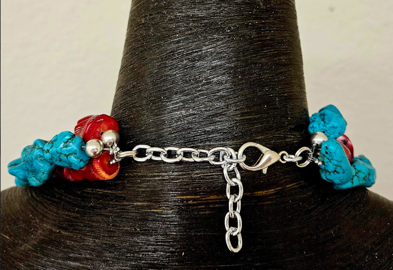 Rustic Red Branch Coral & Blue Magnesite Triple Strand Statement Ne