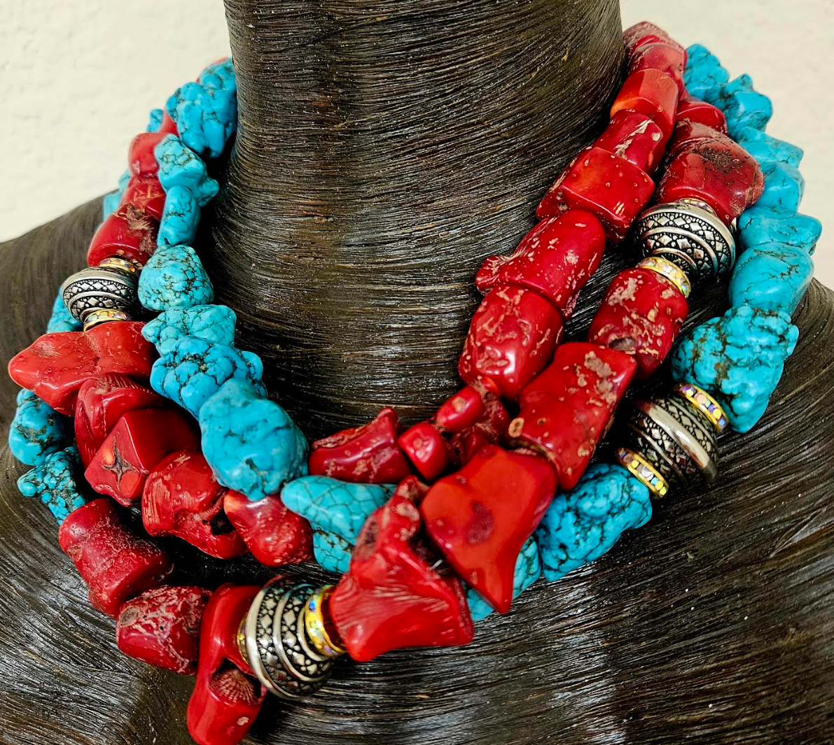 Rustic Red Branch Coral & Blue Magnesite Triple Strand Statement Ne