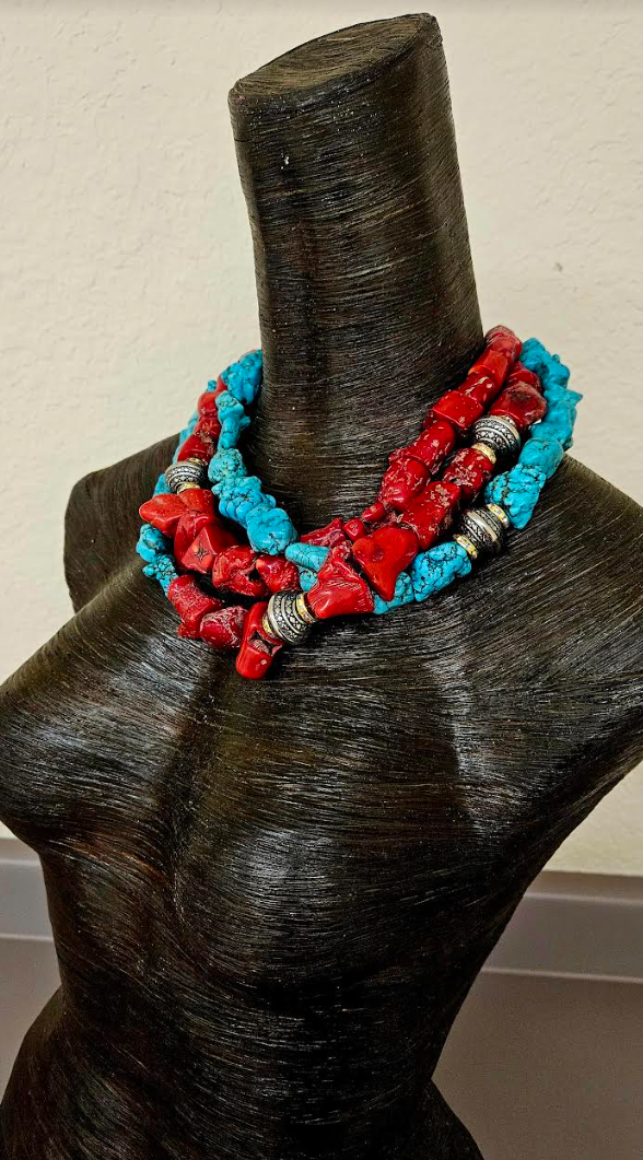 Rustic Red Branch Coral & Blue Magnesite Triple Strand Statement Ne