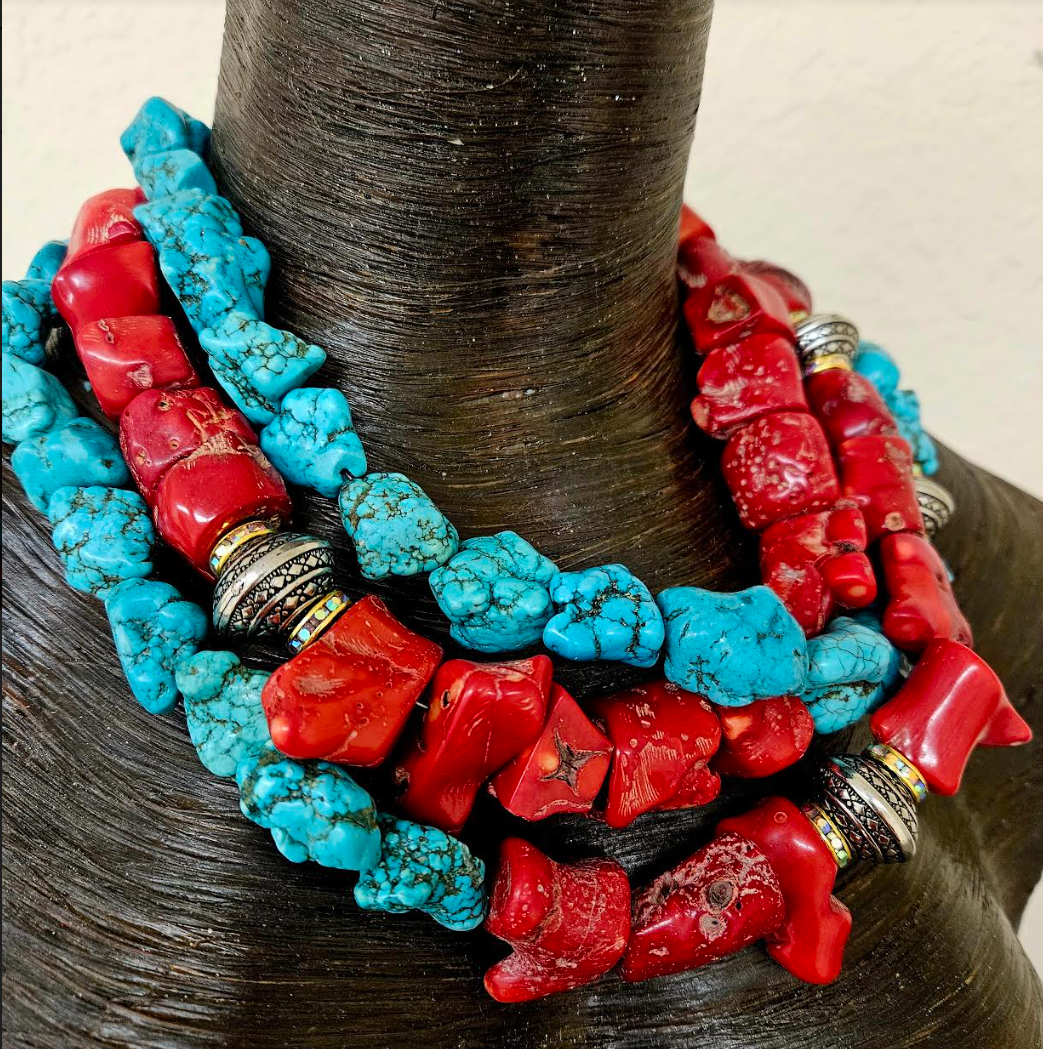 Rustic Red Branch Coral & Blue Magnesite Triple Strand Statement Ne
