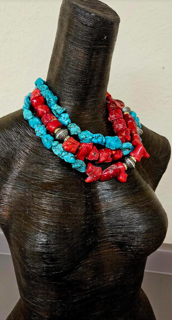 Rustic Red Branch Coral & Blue Magnesite Triple Strand Statement Ne
