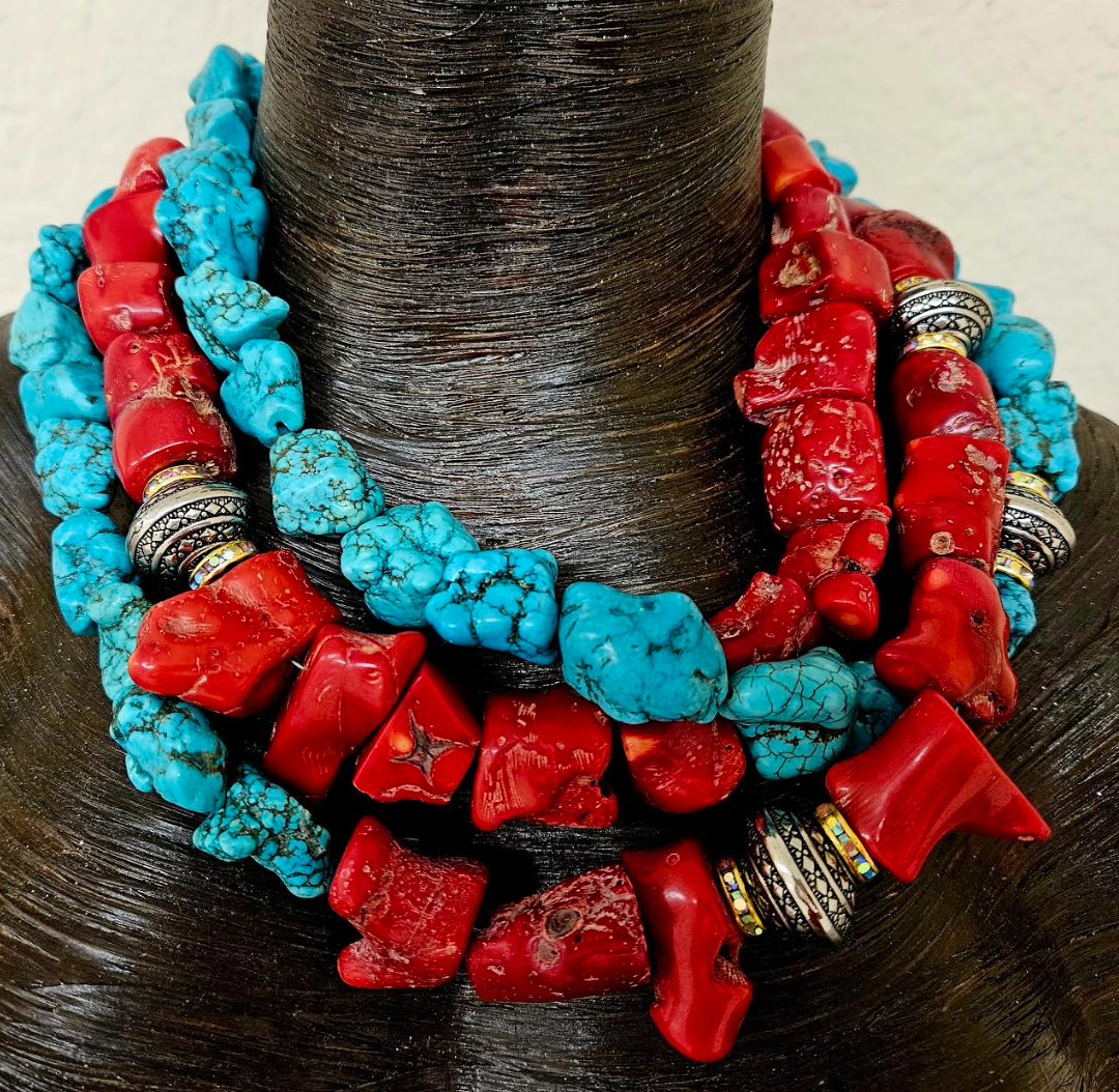 Rustic Red Branch Coral & Blue Magnesite Triple Strand Statement Ne