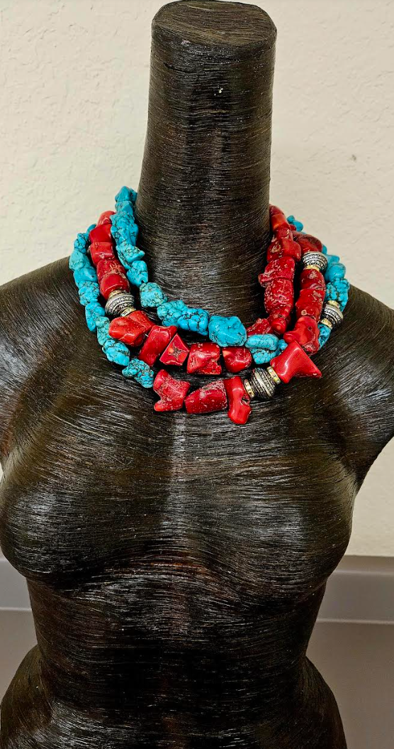 Rustic Red Branch Coral & Blue Magnesite Triple Strand Statement Ne