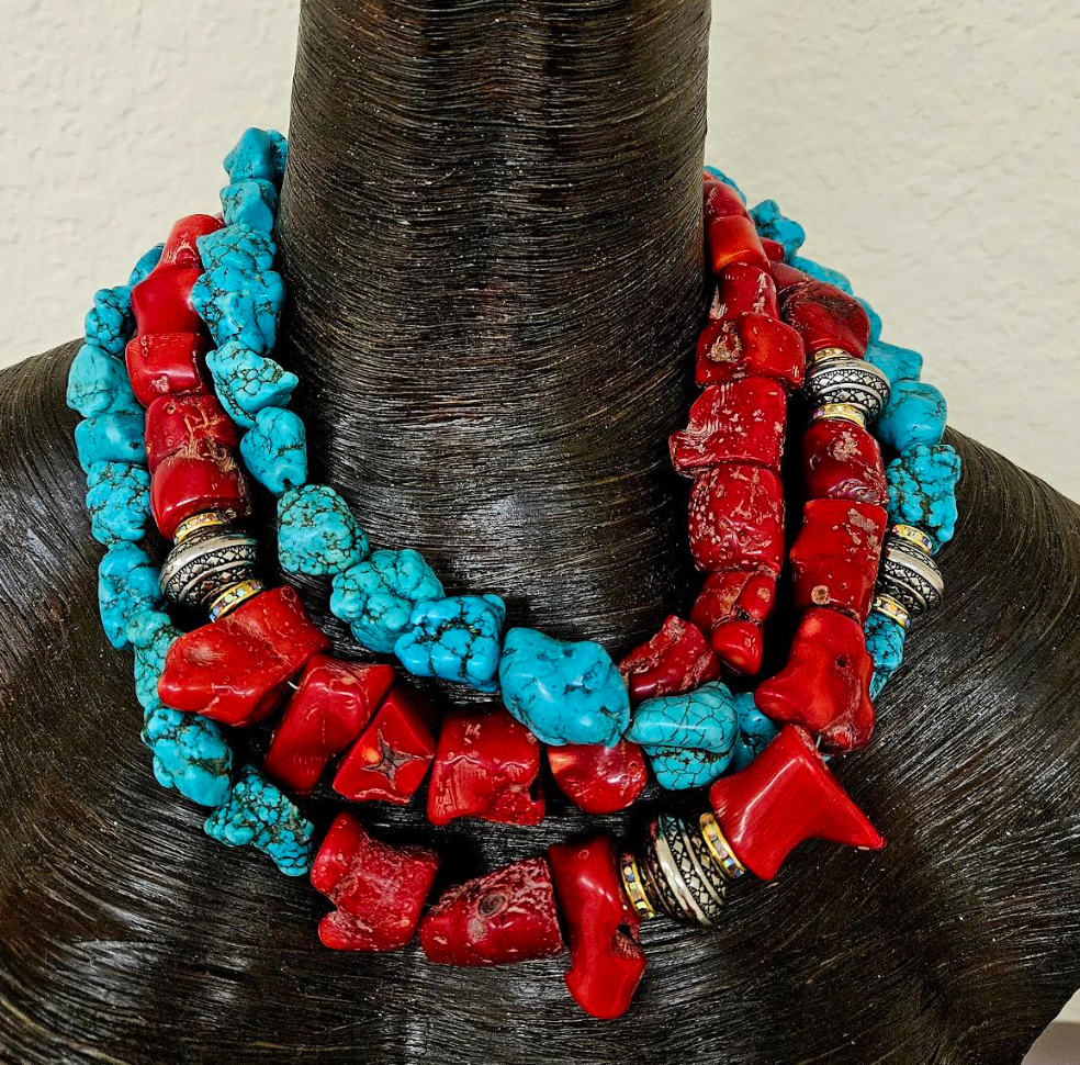 Rustic Red Branch Coral & Blue Magnesite Triple Strand Statement Ne