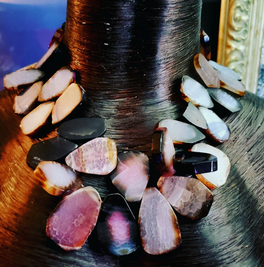 Pink Gray & White Polished Agate Slab Statement Luxury Necklace, Busin
