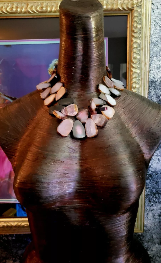 Pink Gray & White Polished Agate Slab Statement Luxury Necklace, Busin