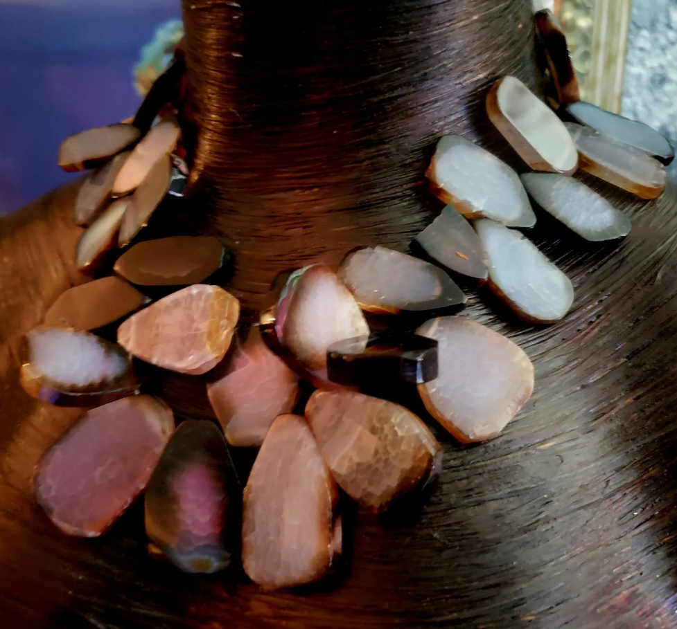Pink Gray & White Polished Agate Slab Statement Luxury Necklace, Busin