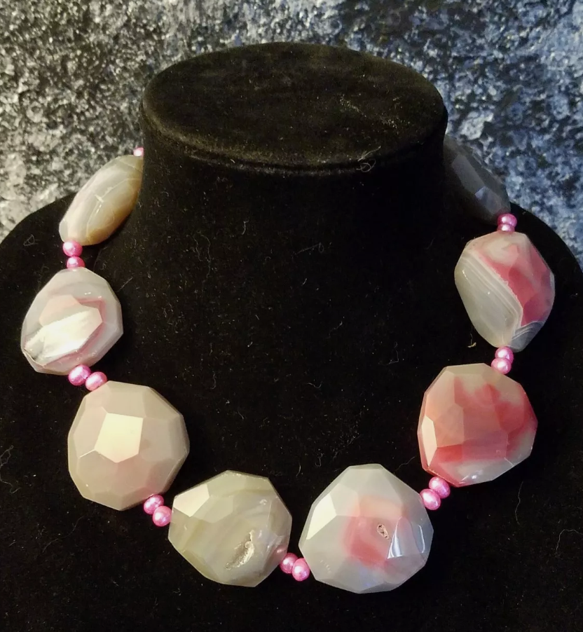 Pink Faceted Druzy Agate & Freshwater Pearl Luxury Necklace, Bridal or