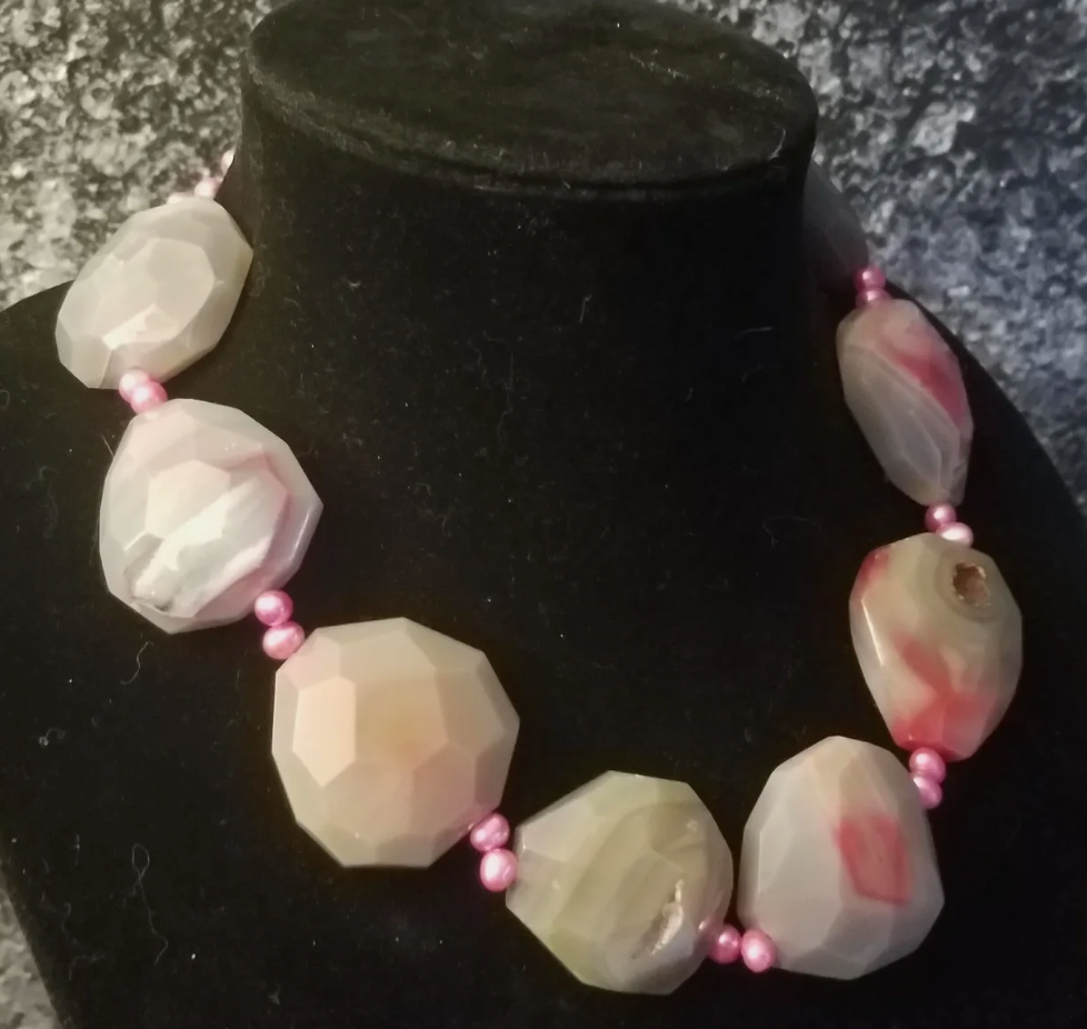 Pink Faceted Druzy Agate & Freshwater Pearl Luxury Necklace, Bridal or