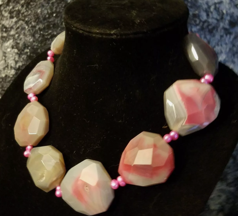 Pink Faceted Druzy Agate & Freshwater Pearl Luxury Necklace, Bridal or