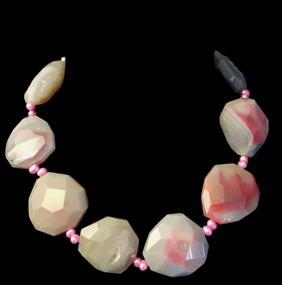 Pink Faceted Druzy Agate & Freshwater Pearl Necklace - Bride