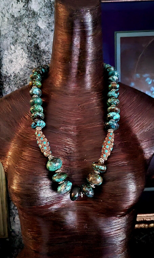 Hubei Turquoise & Tibetan Brass - Elegant Rope Necklace