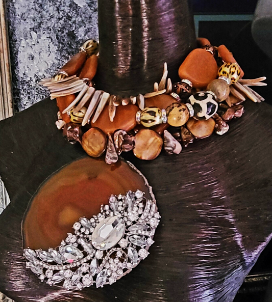 Butterscotch Brown Rhinestone Agate Statement Gemstone Pendant