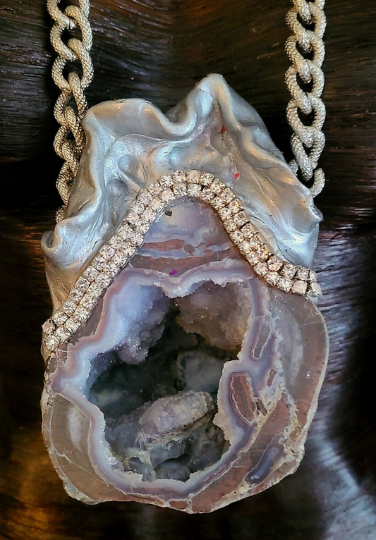 Chalcedony Gray Geode Statement Pendant - Big Tall Men