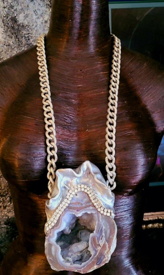 Chalcedony Geode Sculpted Statement Gemstone Pendant, Artisan Unisex G