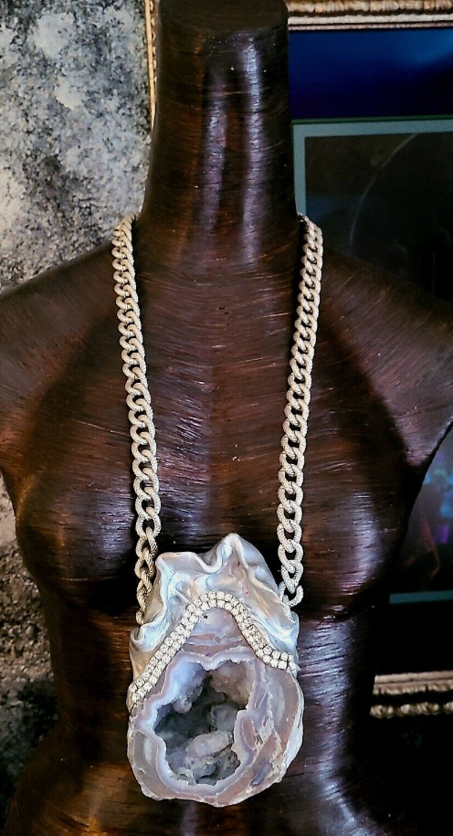 Chalcedony Geode Sculpted Statement Gemstone Pendant, Artisan Unisex G