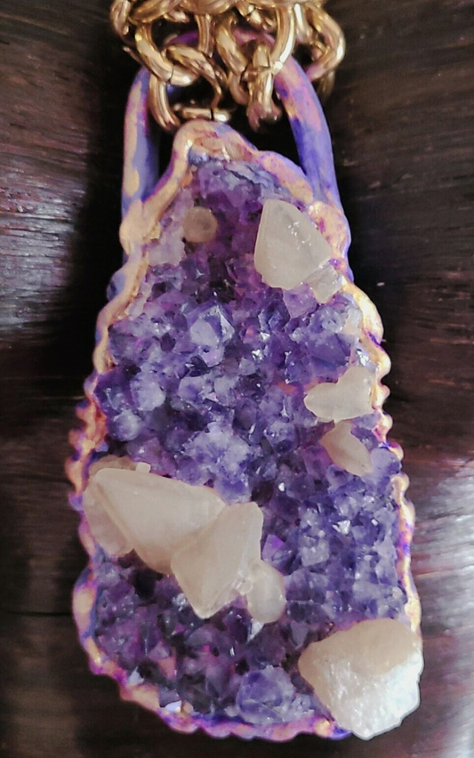 Rough Amethyst & Calcite Sculpted Gemstone Amulet with Bold Chain,