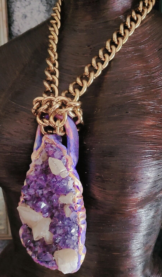 Rough Amethyst & Calcite Sculpted Gemstone Amulet with Bold Chain,