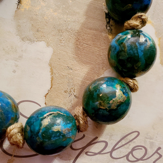 Oversized Beaded Faux Turquoise & Knotted Hemp Statement Necklace