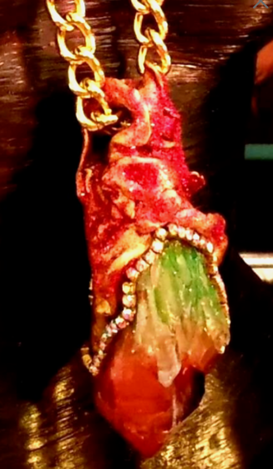Red & Green Aura Sculpted Rough Quartz Amulet with Bold Gold Tone C